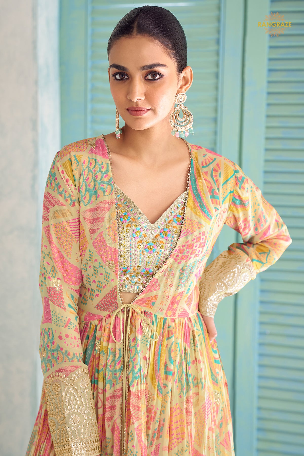 Pista Green Stitched Embroidered Chinon Palazzo Set With Jacket