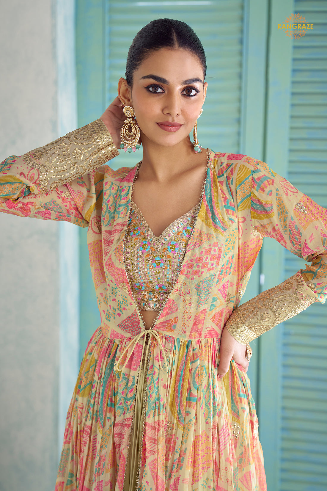 Pista Green Stitched Embroidered Chinon Palazzo Set With Jacket