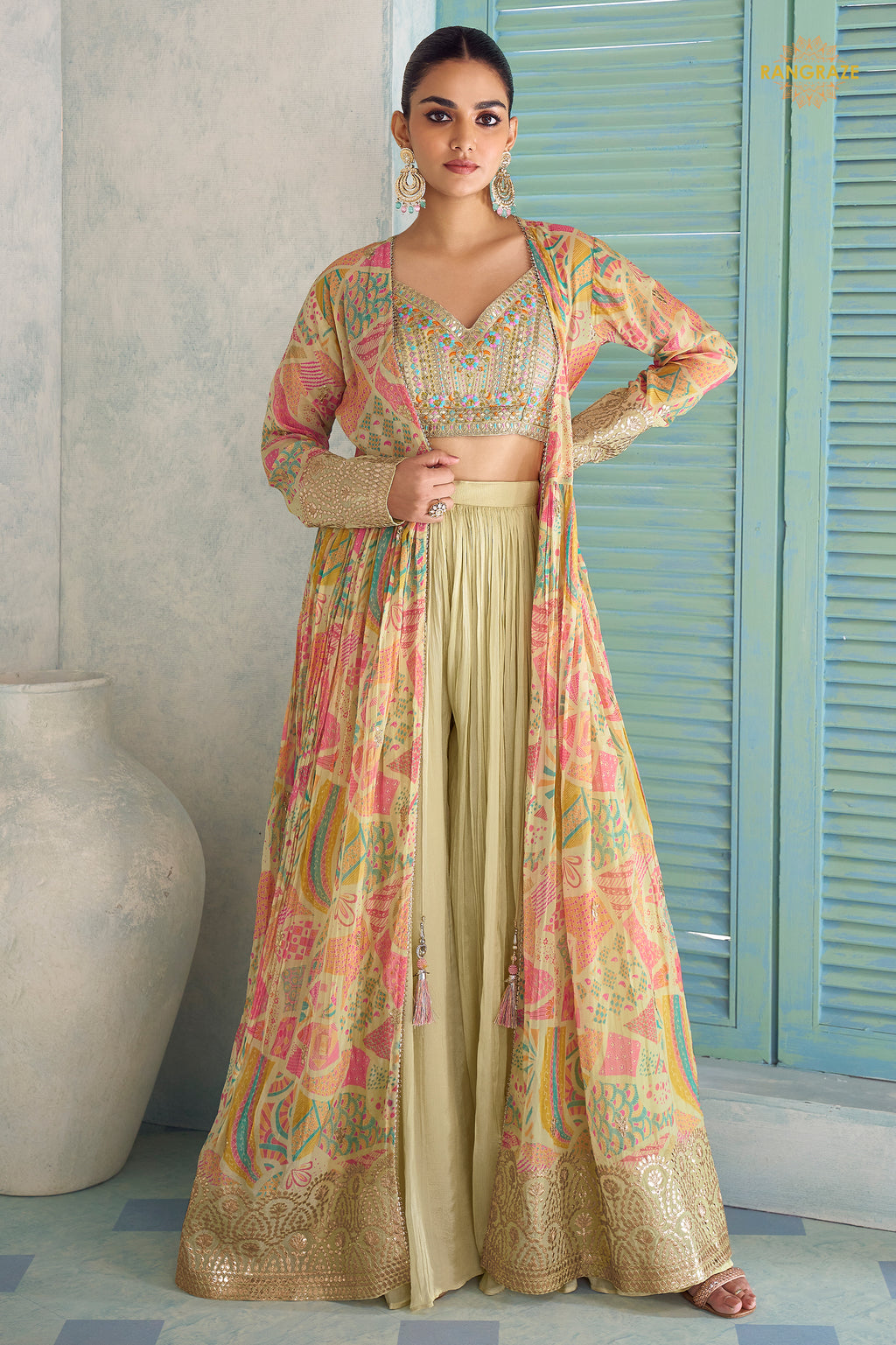 Pista Green Stitched Embroidered Chinon Palazzo Set With Jacket
