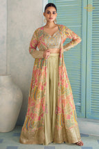 Pista Green Stitched Embroidered Chinon Palazzo Set With Jacket
