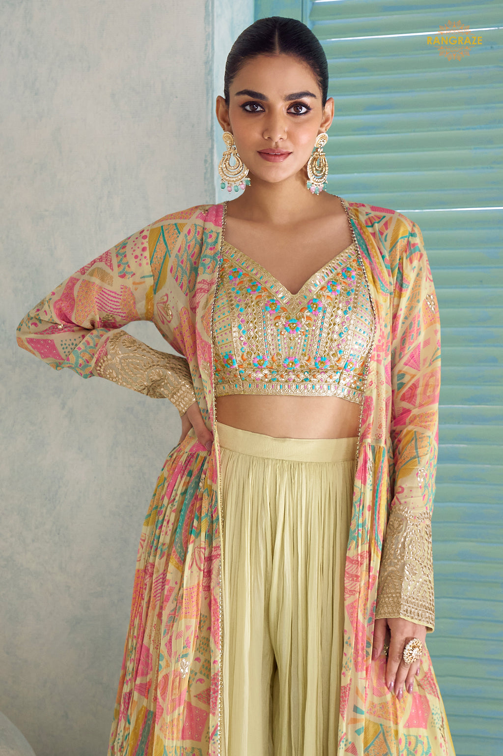 Pista Green Stitched Embroidered Chinon Palazzo Set With Jacket