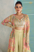 Pista Green Stitched Embroidered Chinon Palazzo Set With Jacket