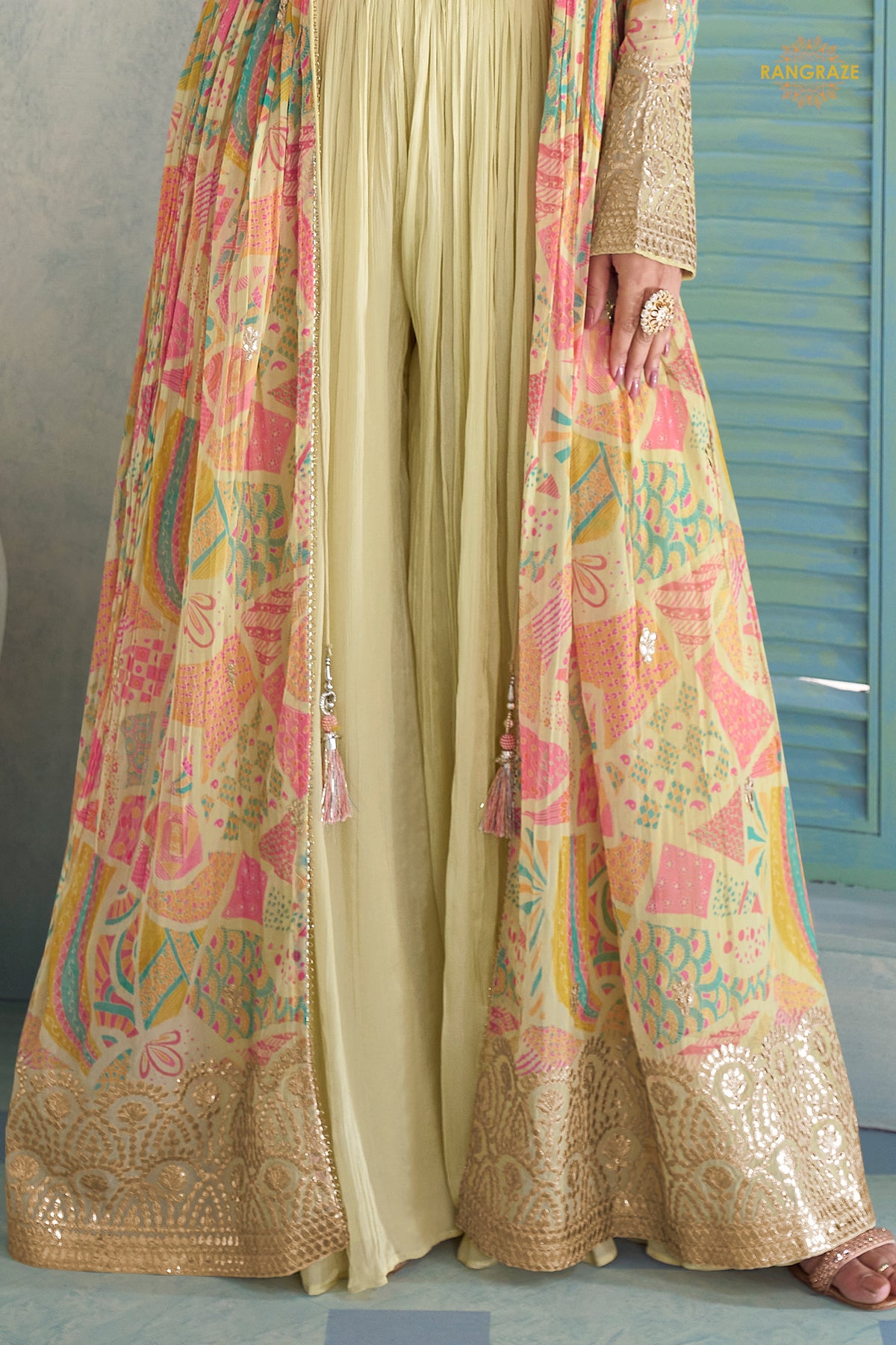 Pista Green Stitched Embroidered Chinon Palazzo Set With Jacket
