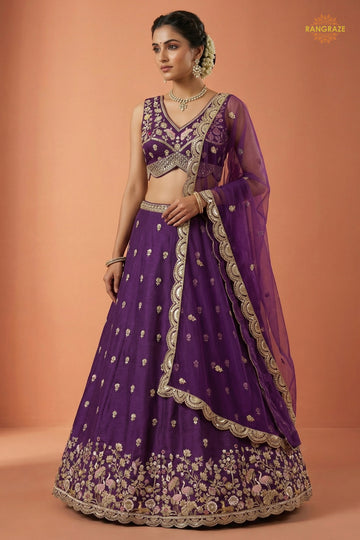 Plum Purple Embroidered Semi-Stitched Chinnon Lehenga Set