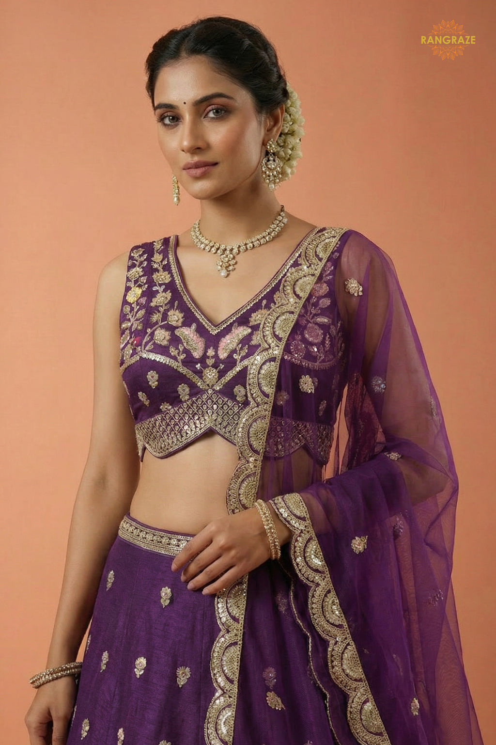 Plum Purple Embroidered Semi-Stitched Chinnon Lehenga Set