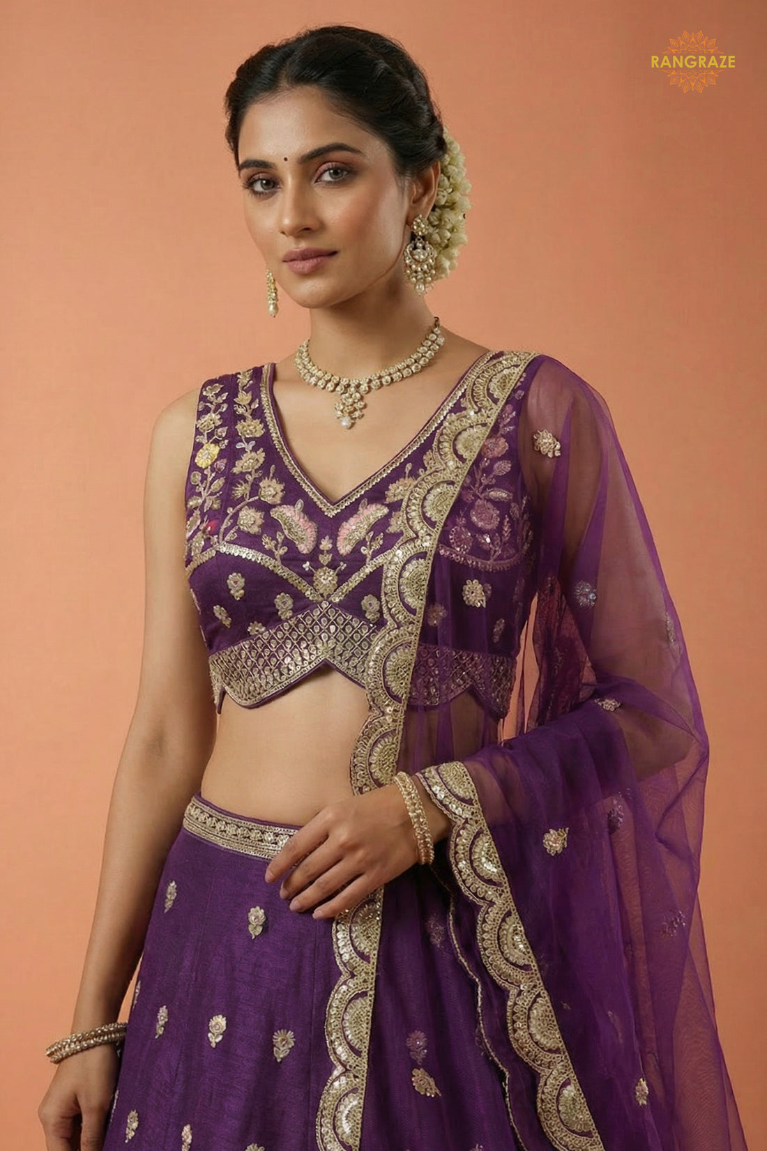Plum Purple Embroidered Semi-Stitched Chinnon Lehenga Set