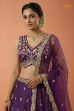 Plum Purple Embroidered Semi-Stitched Chinnon Lehenga Set