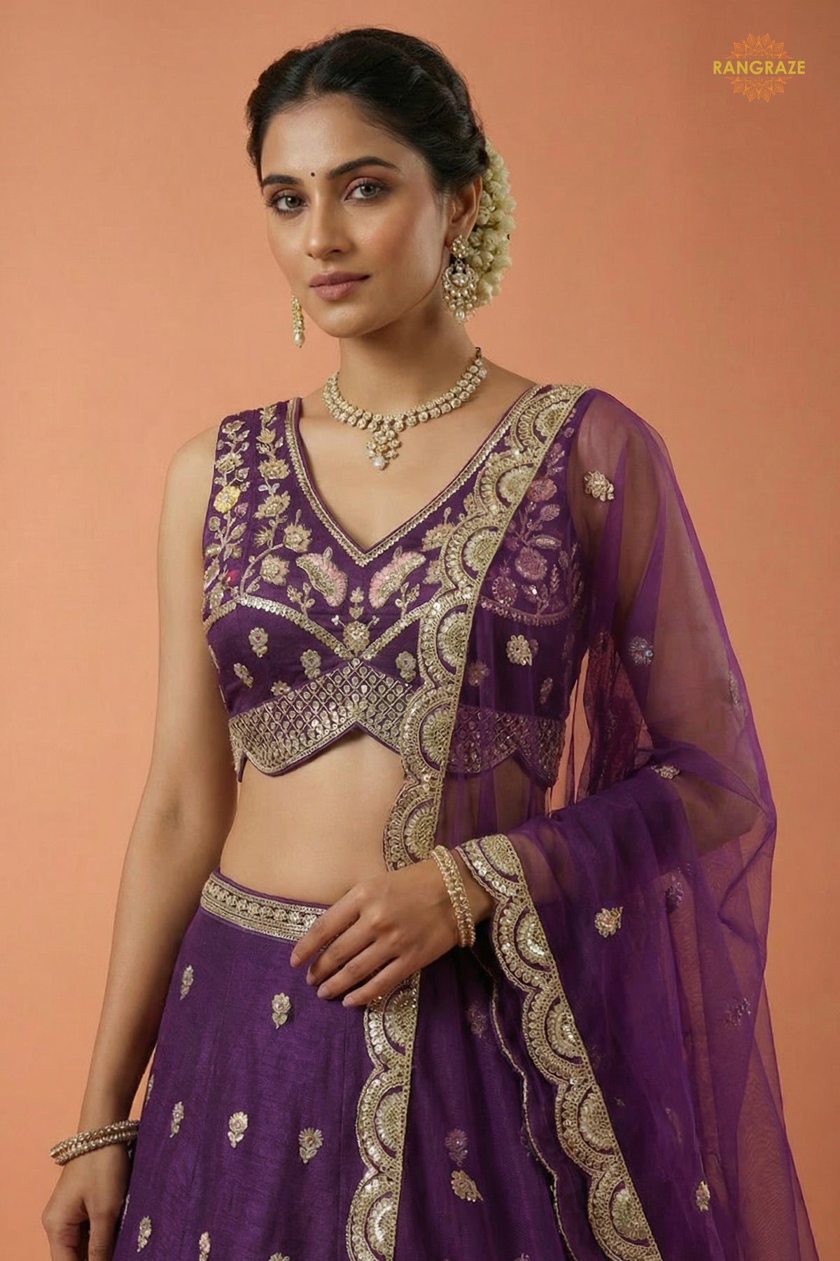 Plum Purple Embroidered Semi-Stitched Chinnon Lehenga Set