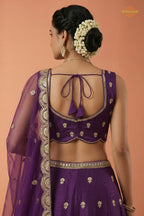 Plum Purple Embroidered Semi-Stitched Chinnon Lehenga Set
