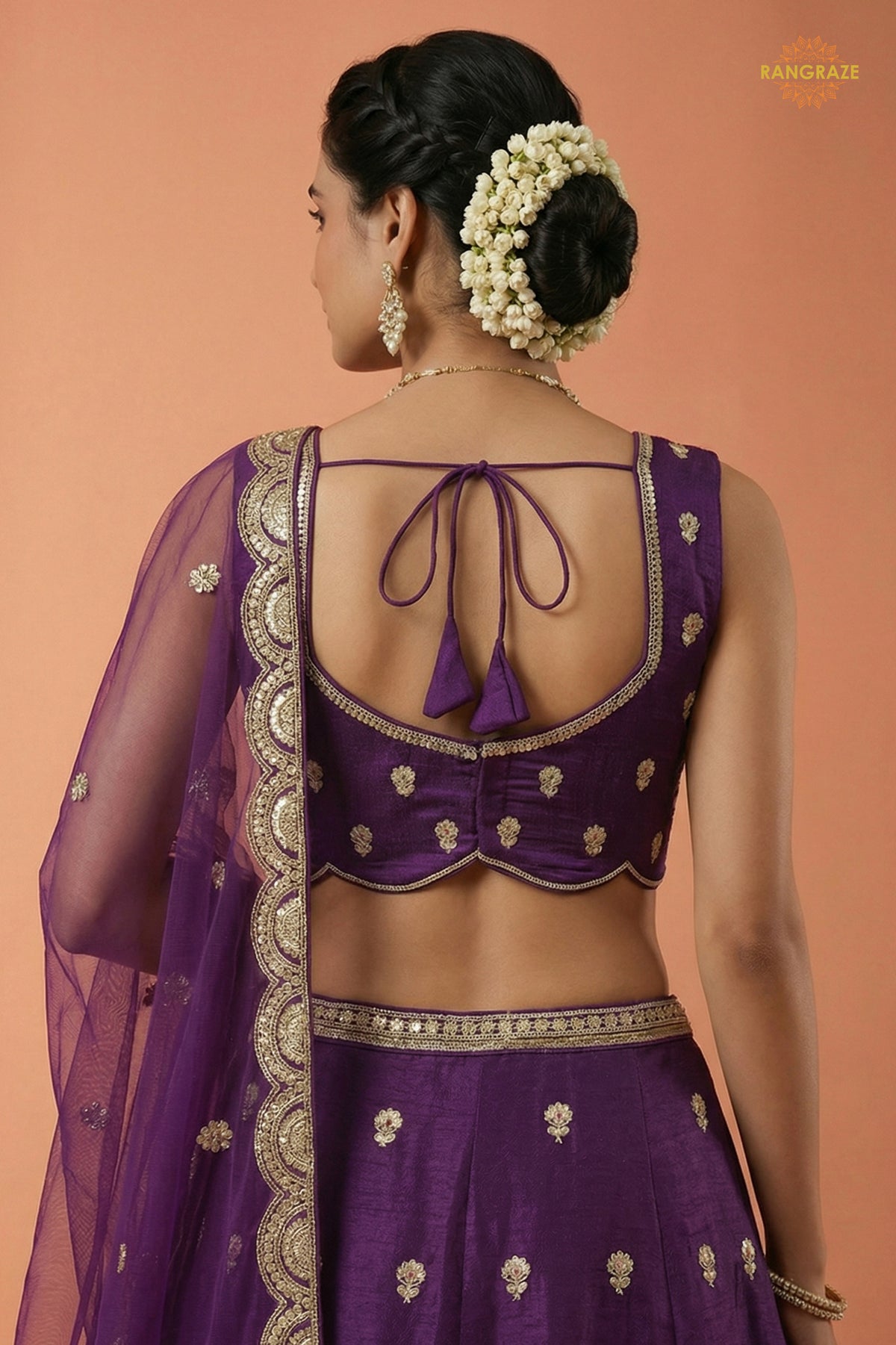 Plum Purple Embroidered Semi-Stitched Chinnon Lehenga Set
