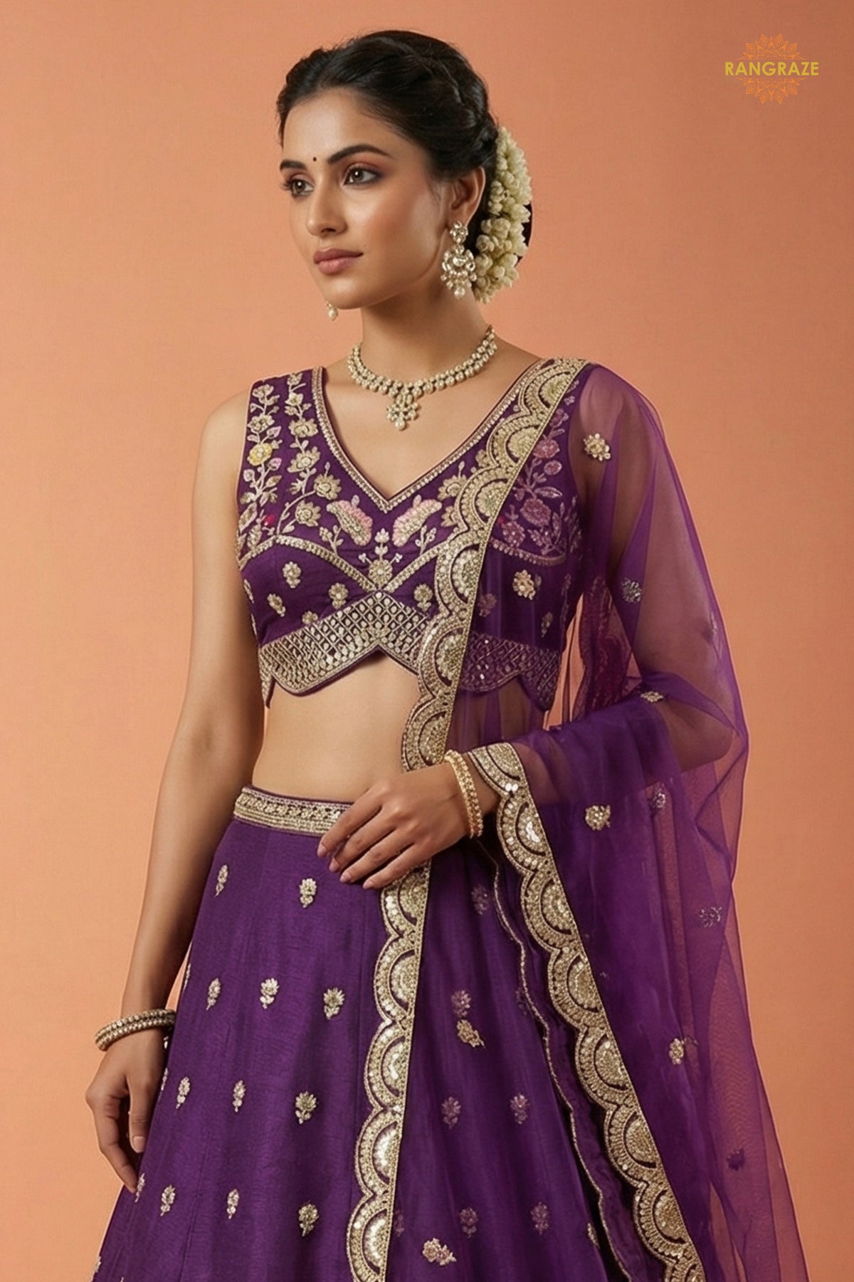 Plum Purple Embroidered Semi-Stitched Chinnon Lehenga Set