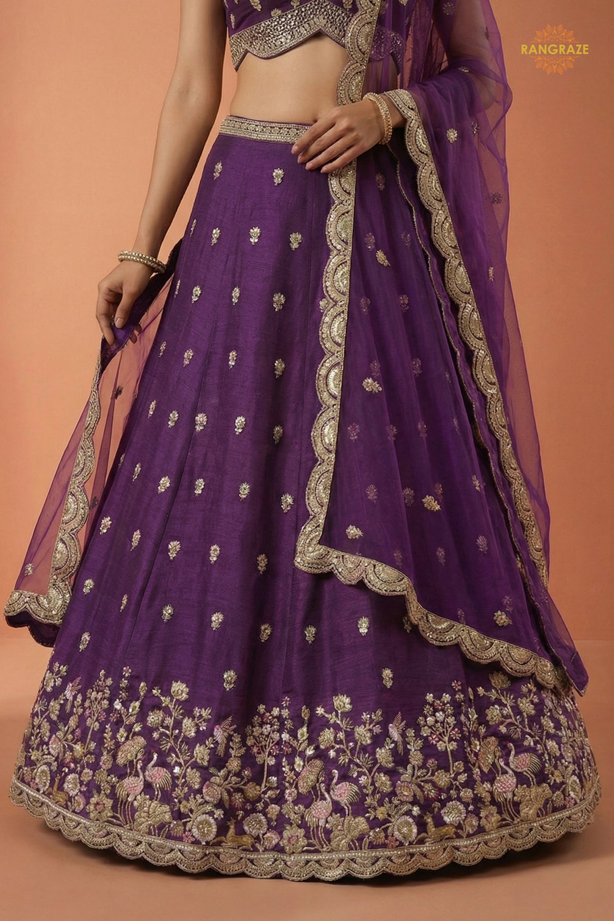 Plum Purple Embroidered Semi-Stitched Chinnon Lehenga Set