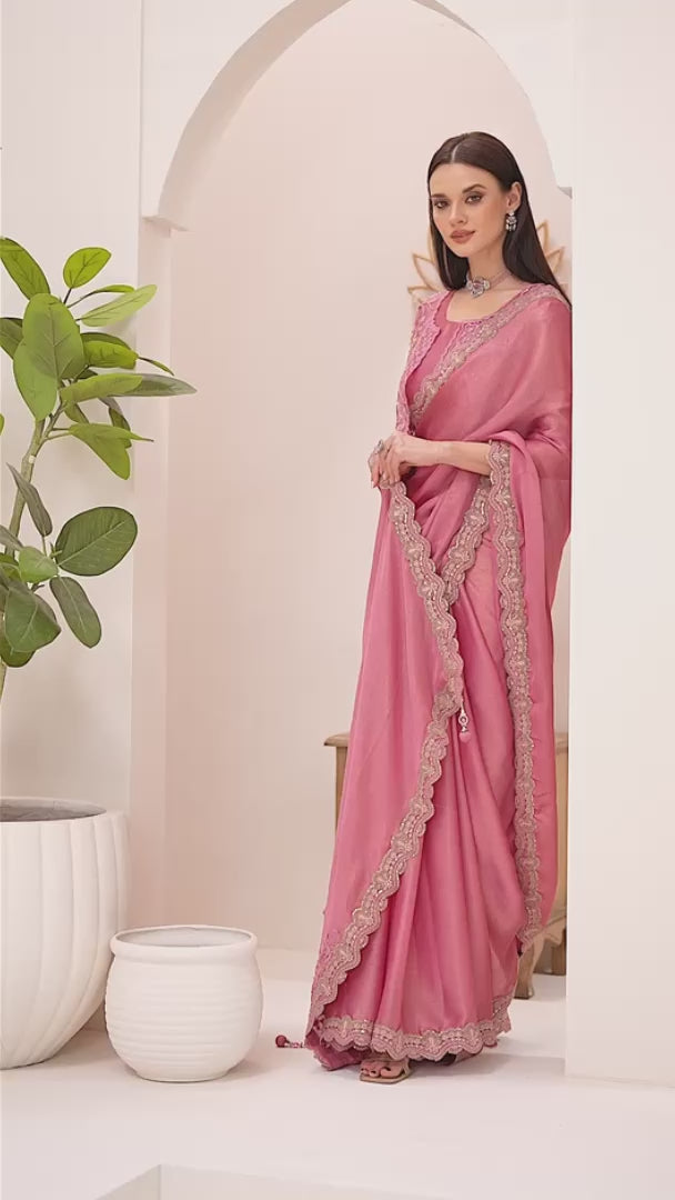 Teal Green Tissue Silk Embroidered Saree with Designer Blouse
