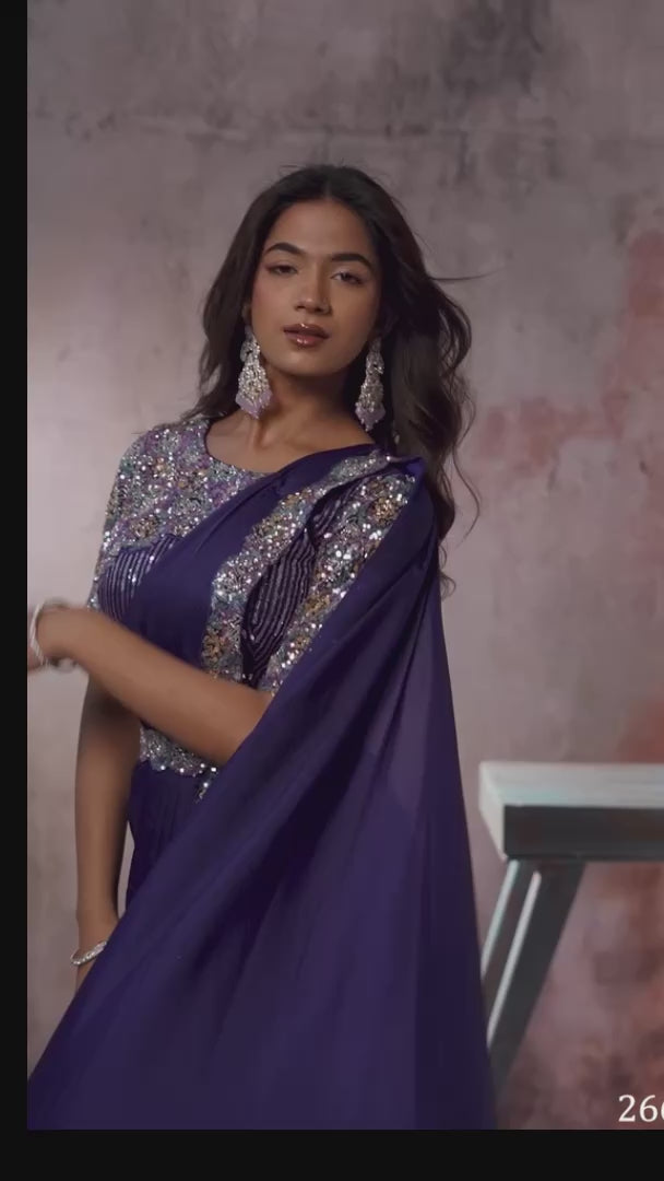 Royal Purple Lustrous Satin One Minute Saree with Readymade Designer Blouse & Belt