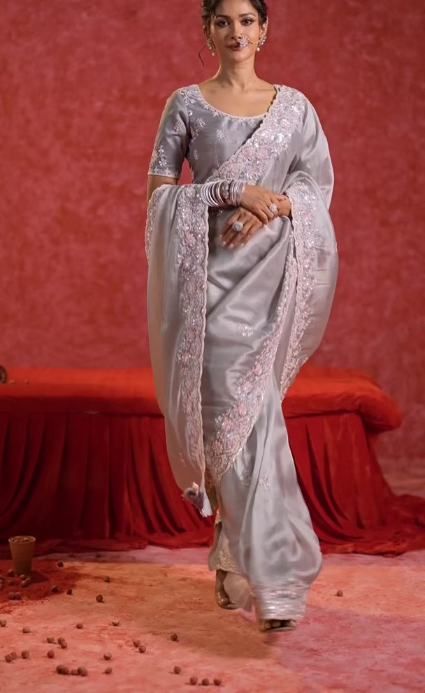 Fancy Organza Embroidered Saree in Smoky Grey