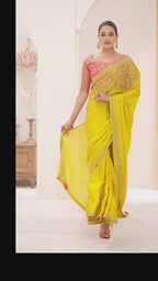 Mustard Yellow Satin Chiffon Embroidered Saree with Designer Blouse