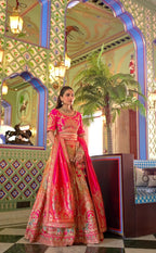 Pink And Yellow Banarasi Silk Lehenga WIth Hand Purse