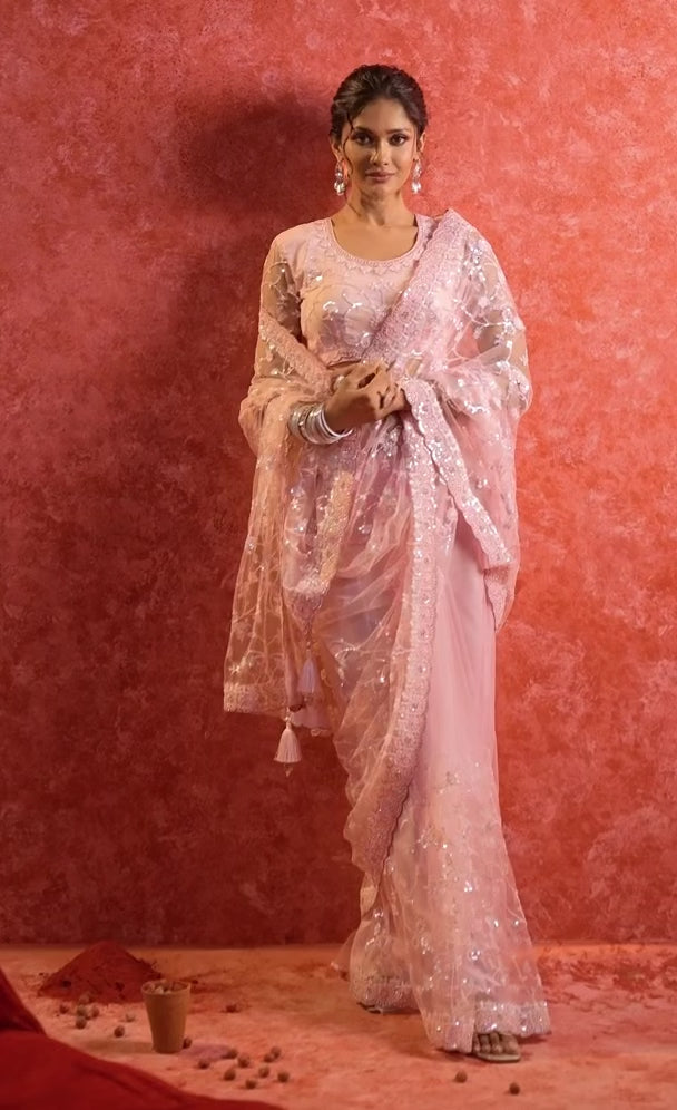 Delicate Net Embroidered Saree in Blush Pink