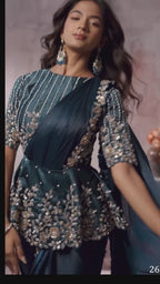 Teal Lustrous Satin One Minute Saree with Readymade Embroidered Designer Peplum Blouse