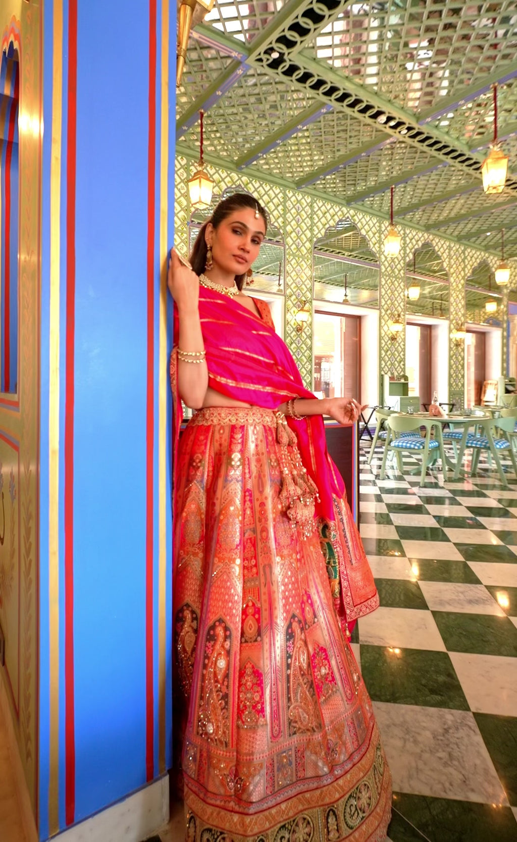 Multicolor Banarasi Silk Lehenga WIth Hand Purse