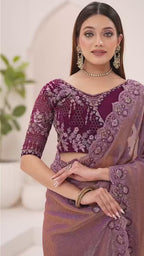 Dual Shade Premium Georgette Tissue Embroidered Saree with Designer Blouse – Purple