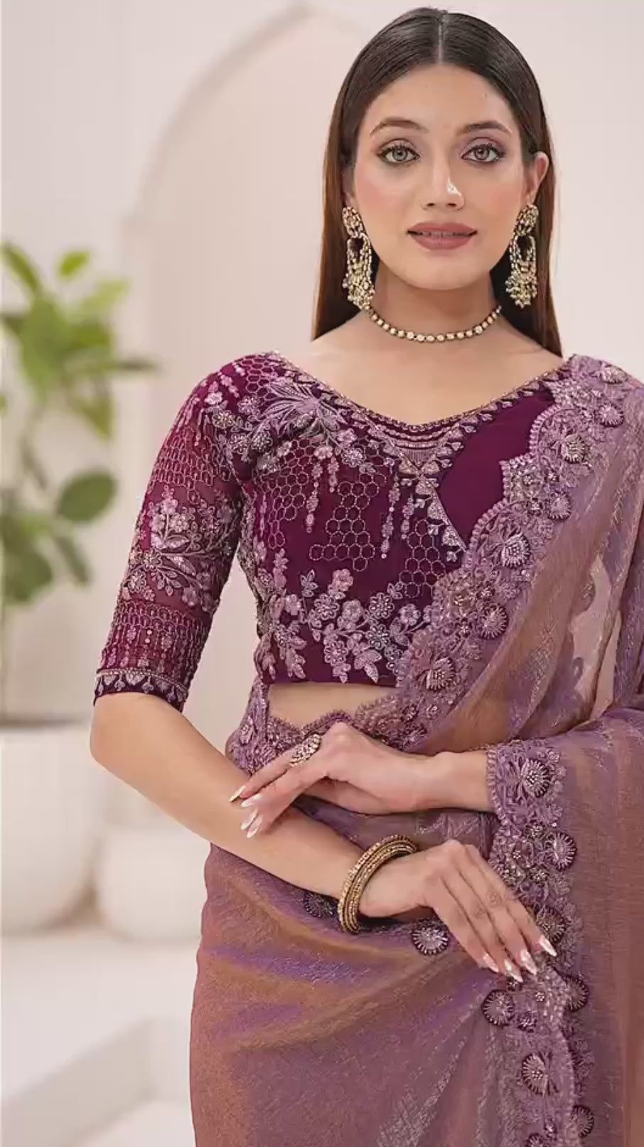 Dual Shade Premium Georgette Tissue Embroidered Saree with Designer Blouse – Purple