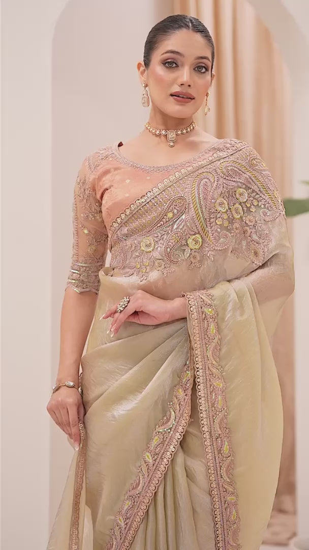 Sage Green Tissue Silk Embroidered Saree with Designer Blouse