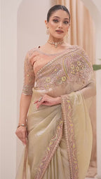 Sage Green Tissue Silk Embroidered Saree with Designer Blouse