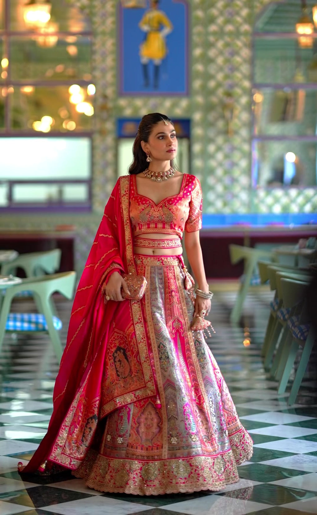 Multicolor Banarasi Silk Lehenga WIth Hand Purse