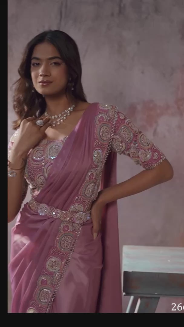 Mauve Pink Lustrous Satin One Minute Saree with Readymade Designer Blouse & Belt