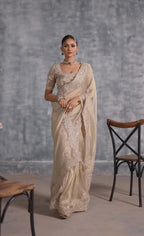 Golden Glow Charm: Embroidered Tissue Organza Saree