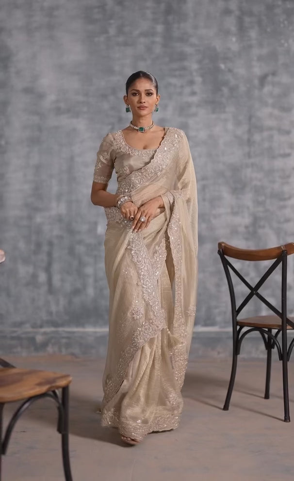 Golden Glow Charm: Embroidered Tissue Organza Saree
