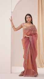 Dusty Rose Premium Georgette Tissue Embroidered Saree