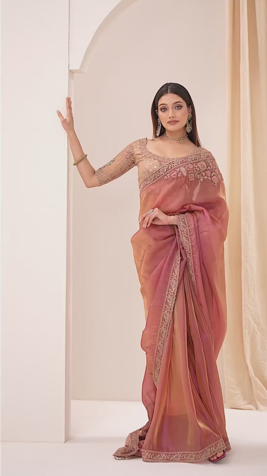Dusty Rose Premium Georgette Tissue Embroidered Saree