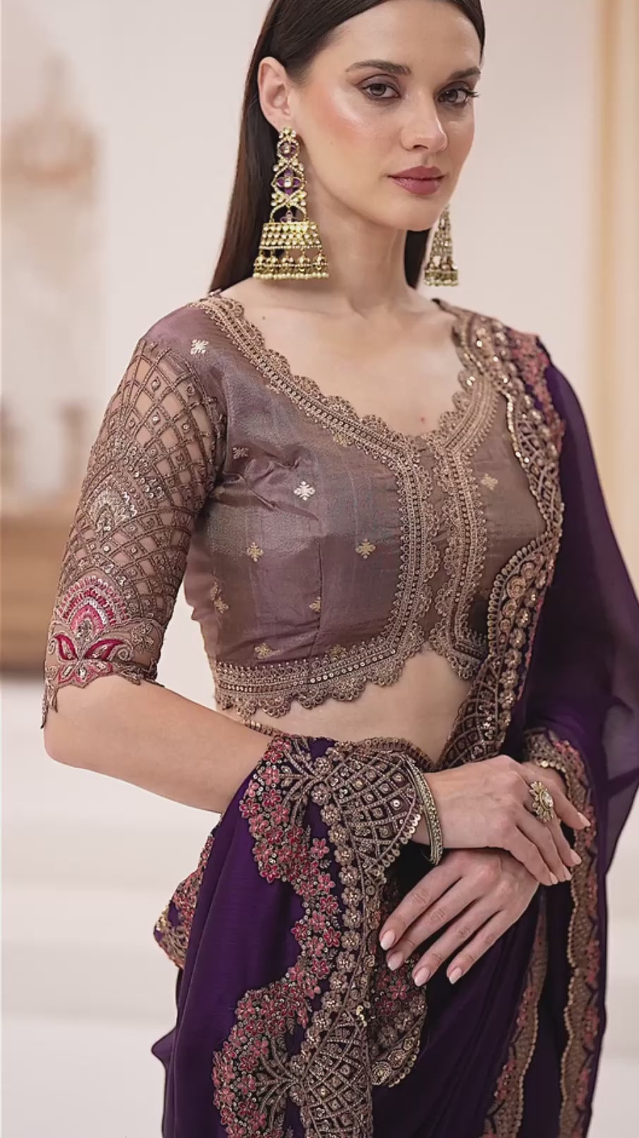 Royal Purple Satin Chiffon Silk Embroidered Saree with Designer Blouse