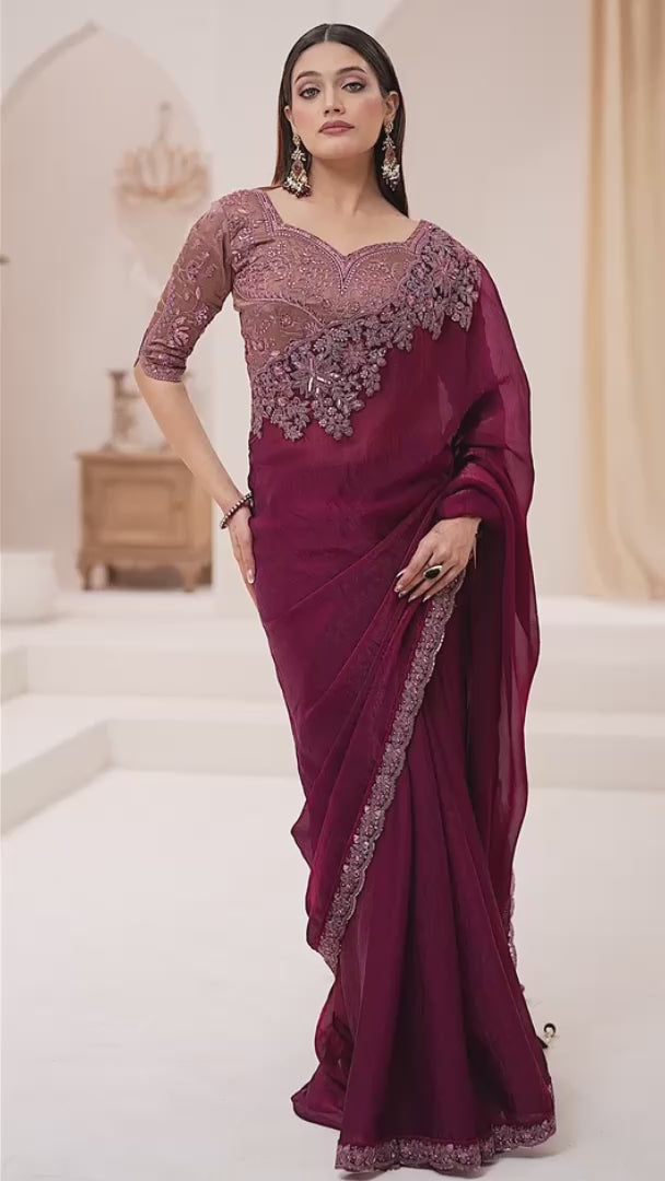Dusty Rose Shimmer Satin Silk Embroidered Saree with Designer Blouse