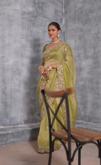 Olive Green Tissue Zari Saree with Handcrafted Embroidery