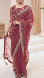 Wine Purple Premium Georgette Tissue Embroidered Saree with Designer Blouse