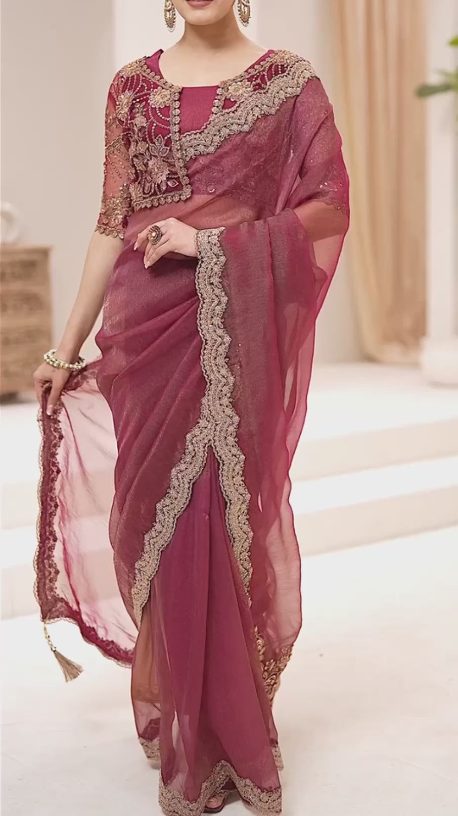 Wine Purple Premium Georgette Tissue Embroidered Saree with Designer Blouse