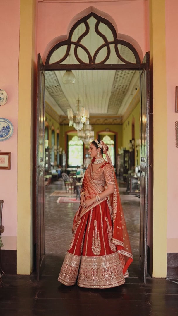 Burnt Orange Rust Double-Dupatta Bridal Silk Lehenga – A Legacy of Grandeur