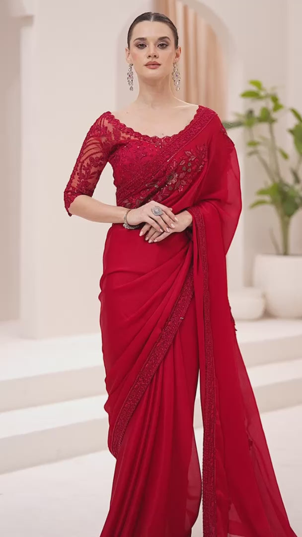 Elegant Red Satin Chiffon Embroidery Saree with Designer Blouse
