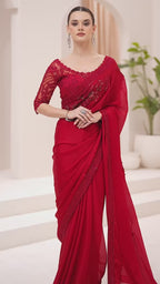 Elegant Red Satin Chiffon Embroidery Saree with Designer Blouse