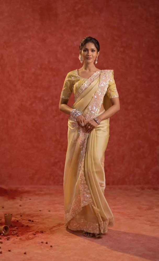 Organza Tissue Saree in a regal mustard-gold