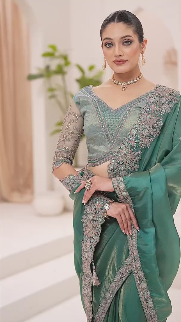 Teal Green Tissue Silk Embroidered Saree with Designer Blouse