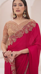 Magenta Premium Georgette Satin Silk Embroidered Saree with Designer Blouse