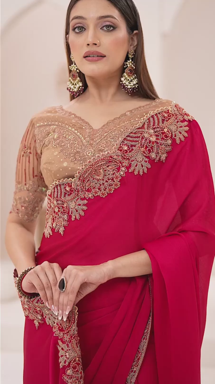Magenta Premium Georgette Satin Silk Embroidered Saree with Designer Blouse