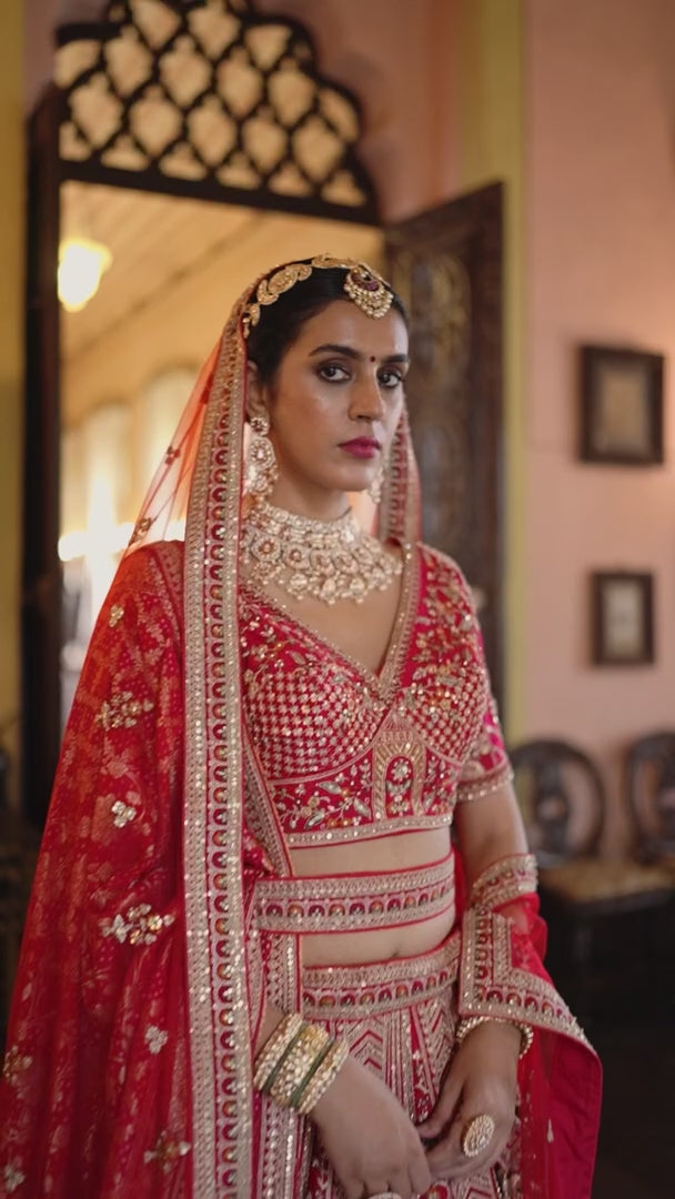 Scarlet Dynasty Double-Dupatta Bridal Silk Lehenga – The Timeless Bride