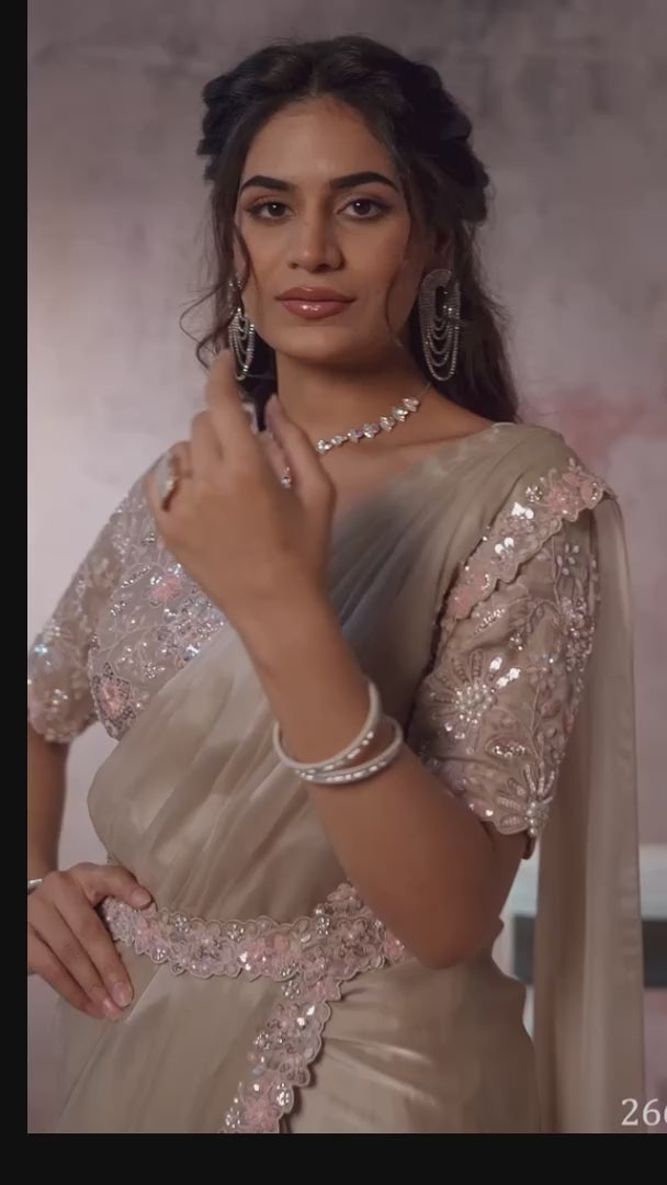 Taupe Armani Satin Silk One Minute Saree with Readymade Designer Blouse & Belt