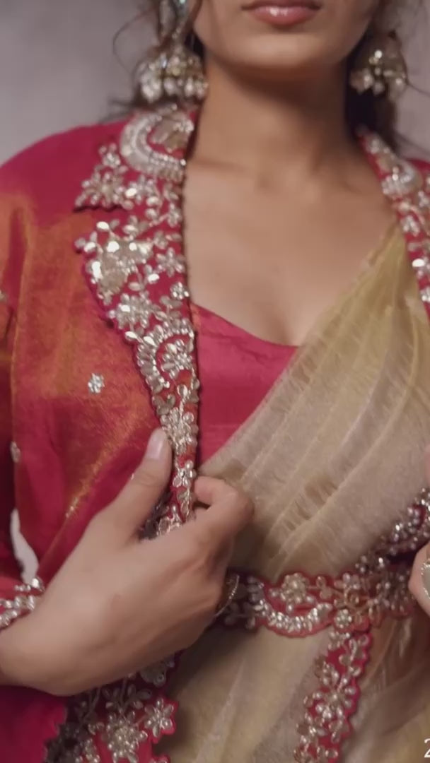 Beige Crystal Organza Satin One Minute Saree with Readymade Embroidered Jacket, Blouse & Belt