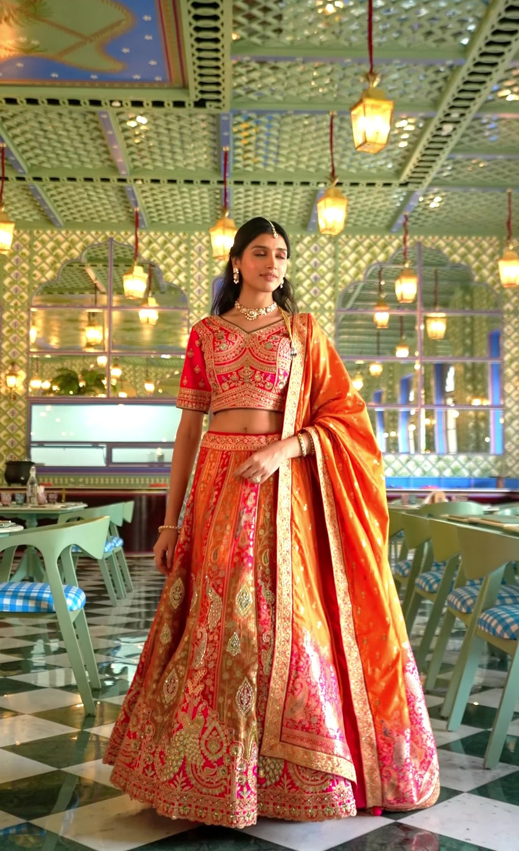 Pink And Green Banarasi Silk Lehenga WIth Hand Purse